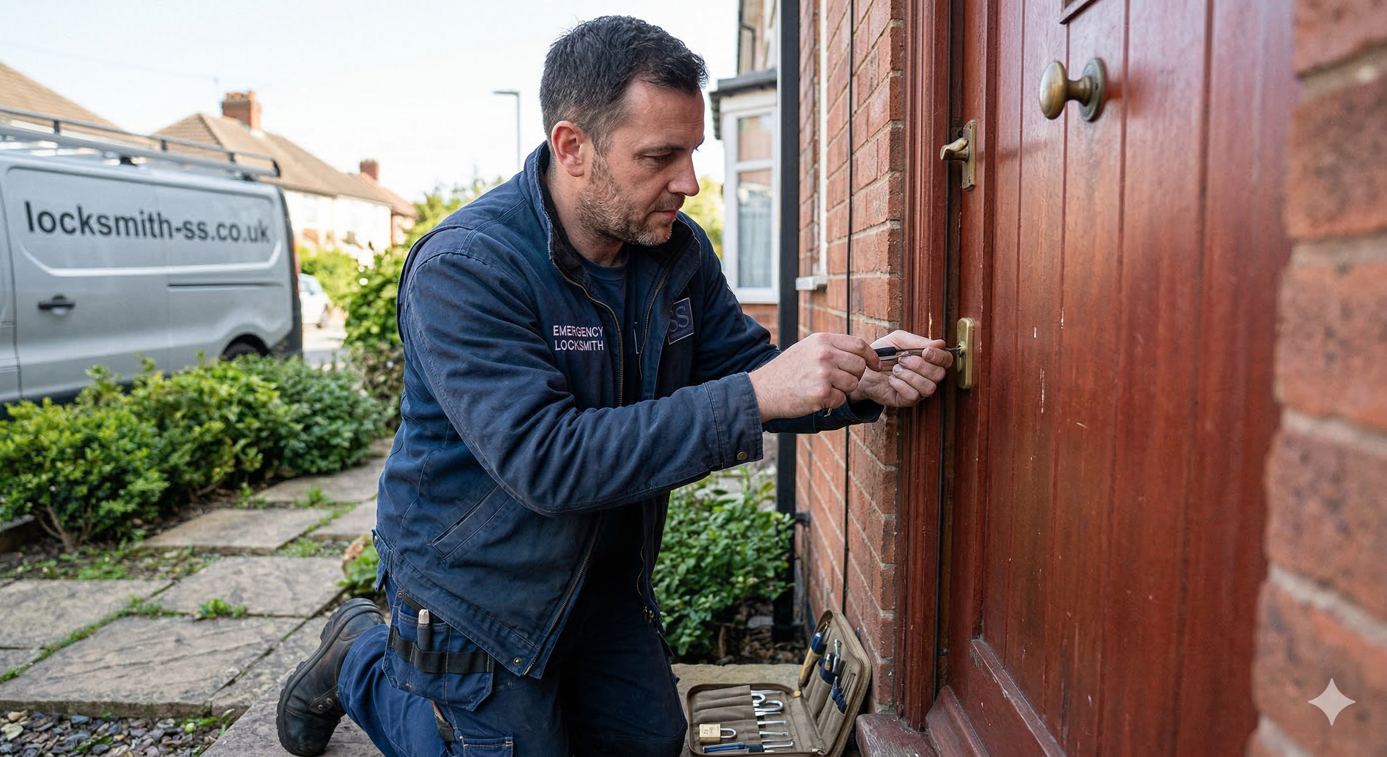 Locksmith working on door